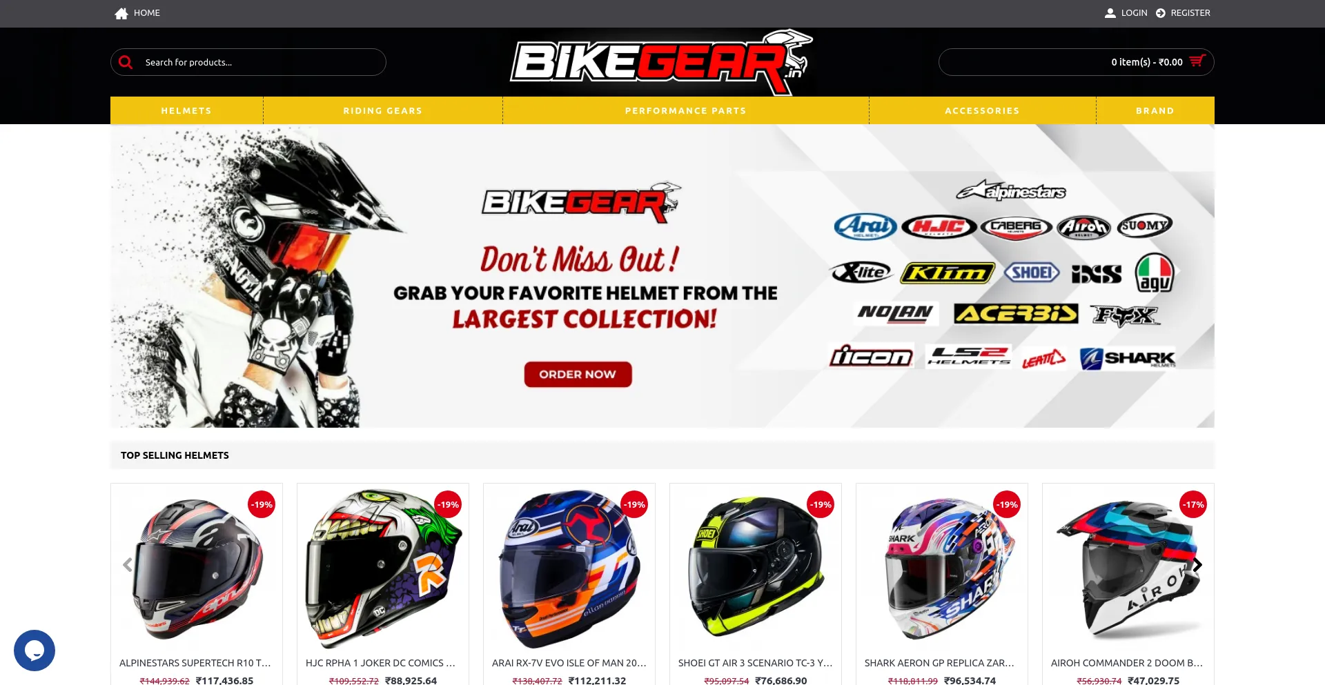 Screenshot of bikegear.in homepage