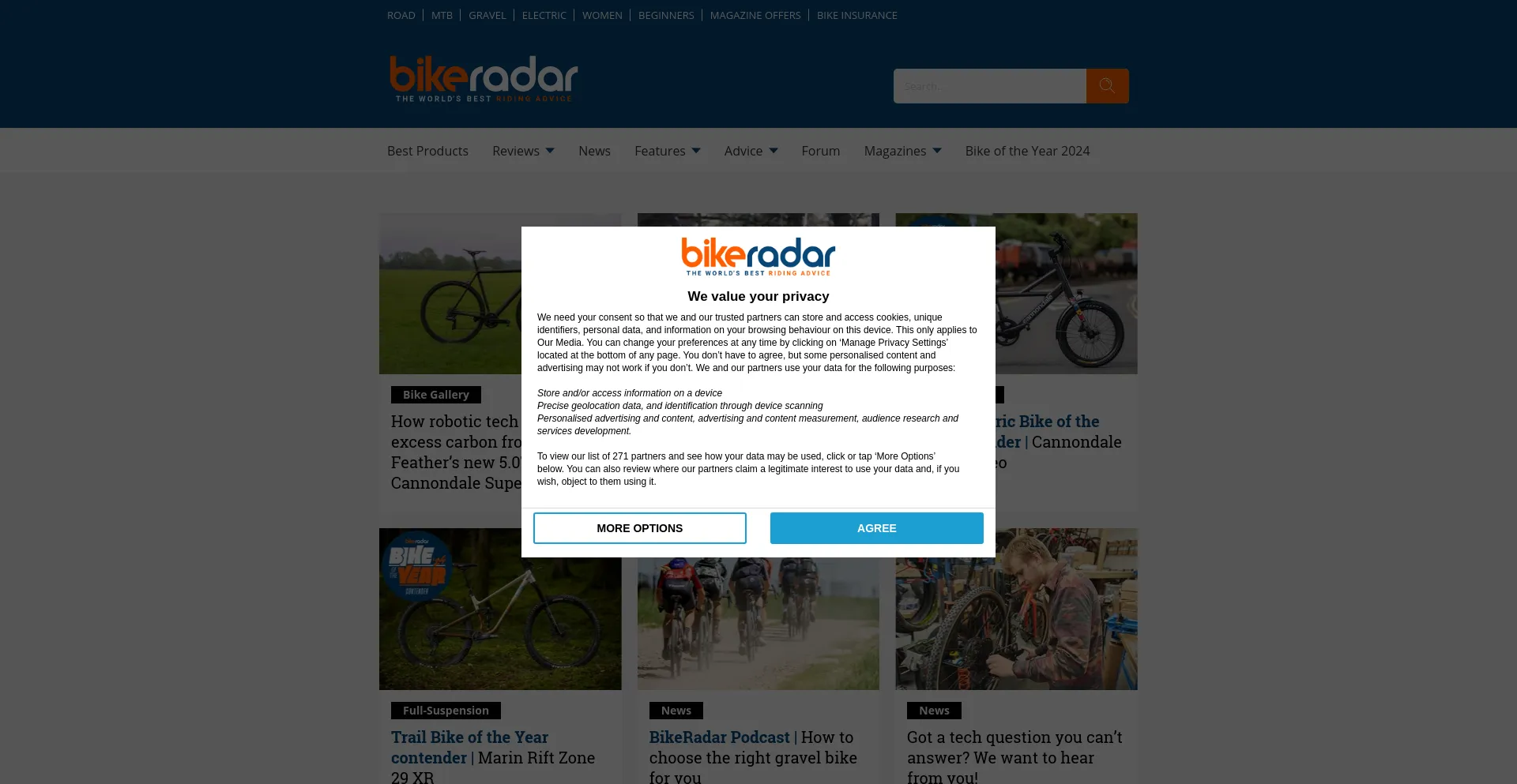 Screenshot of bikeradar.com homepage