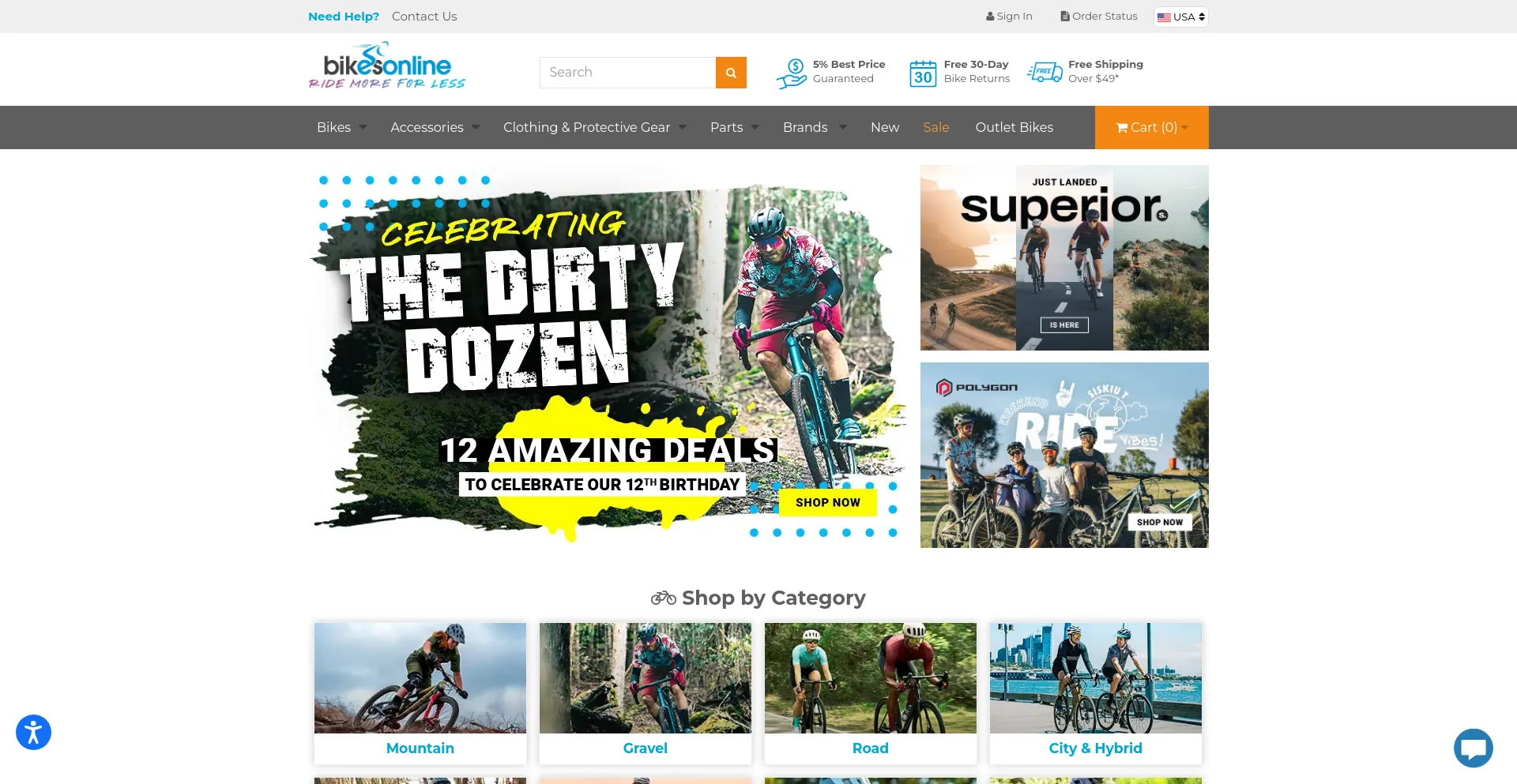 Screenshot of bikesonline.com homepage