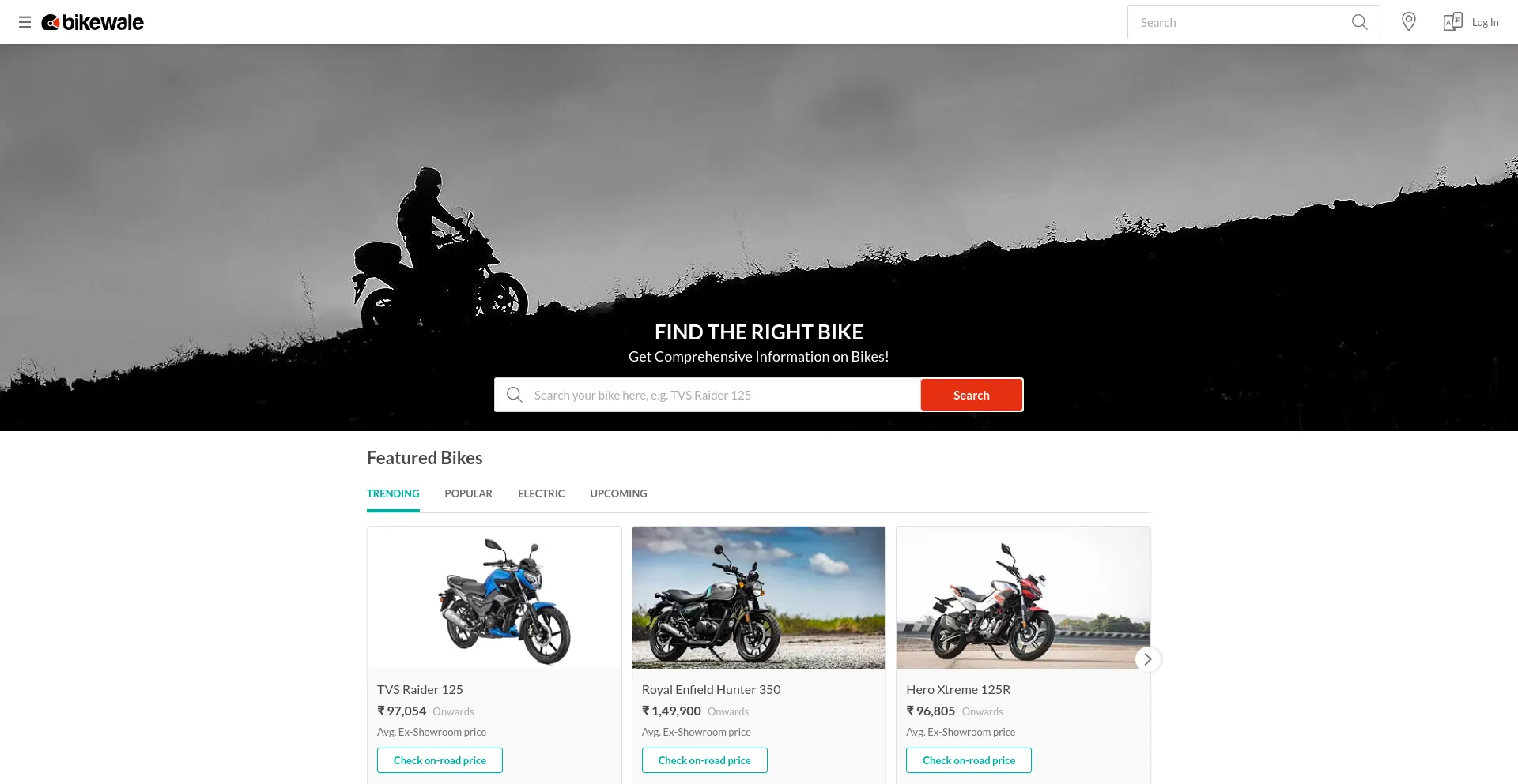 Screenshot of bikewale.com homepage