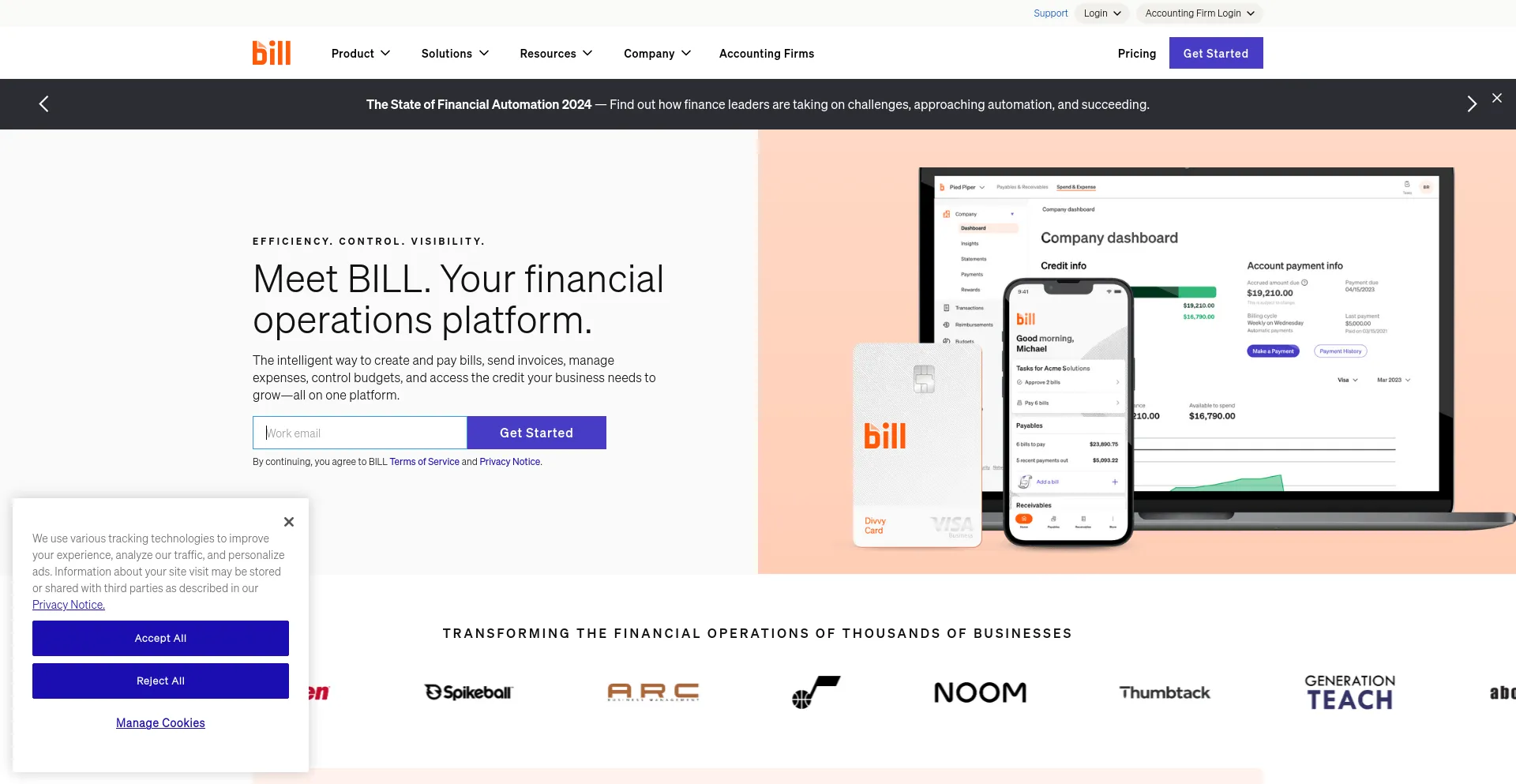 Screenshot of bill.com homepage