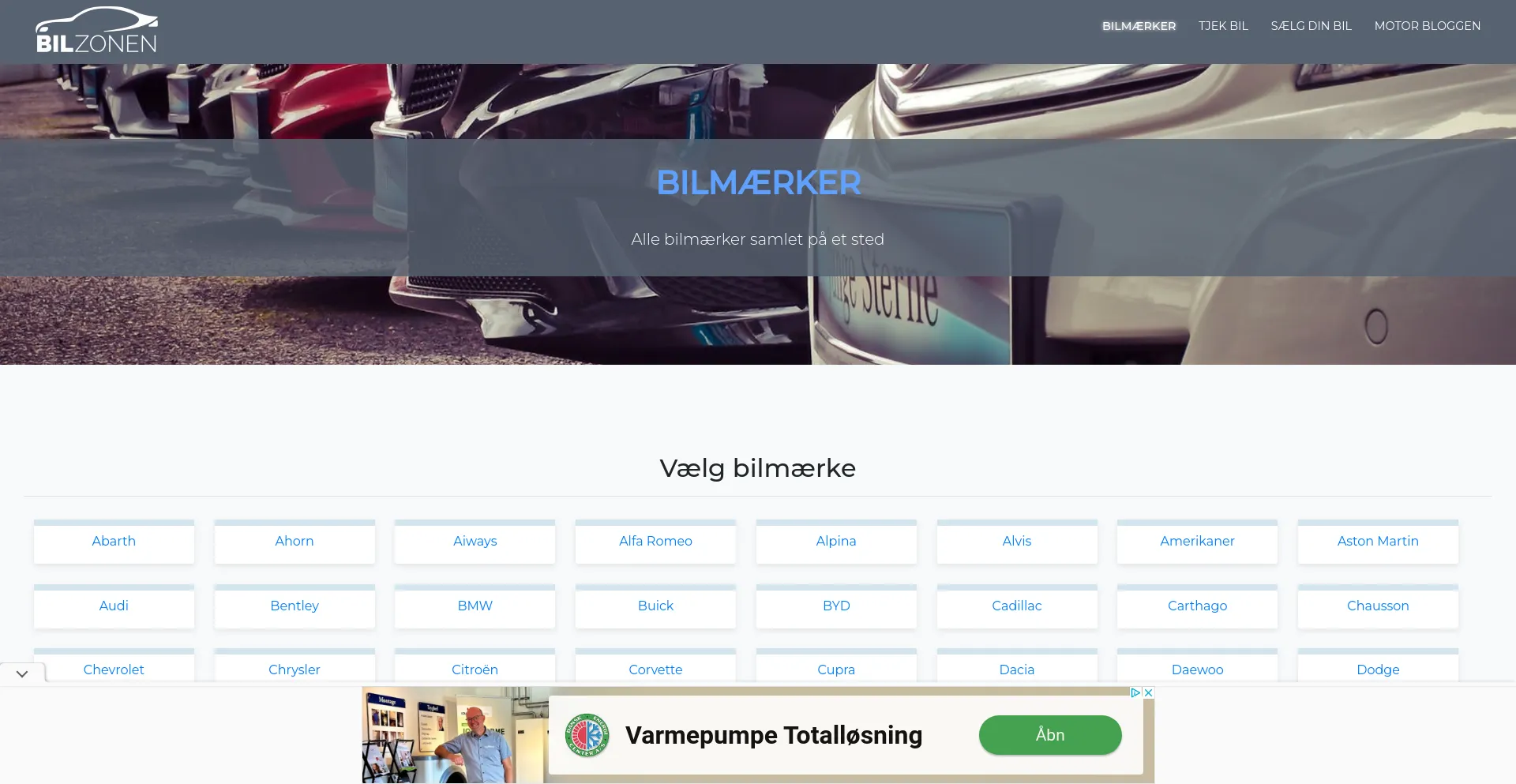 Screenshot of bilzonen.dk homepage