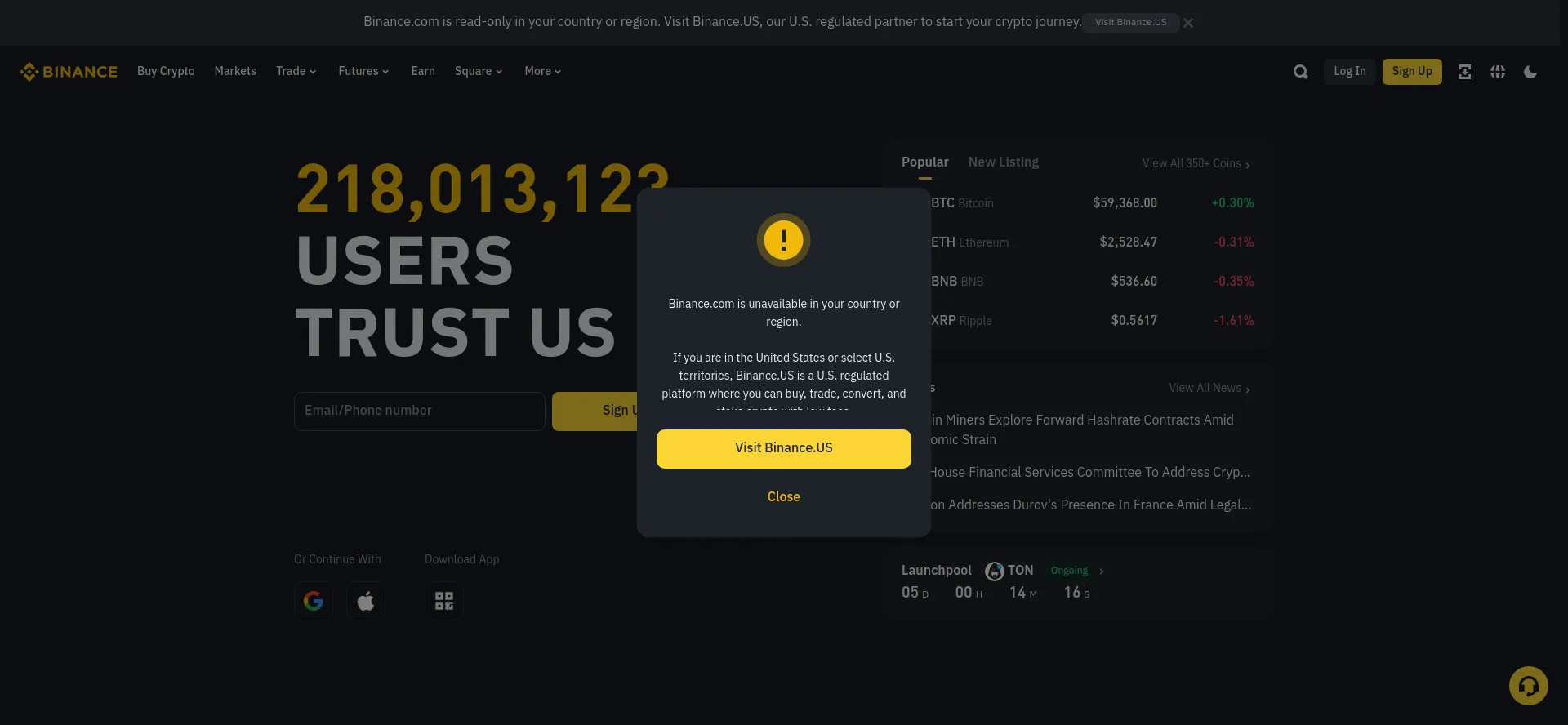 Screenshot of binance.com homepage