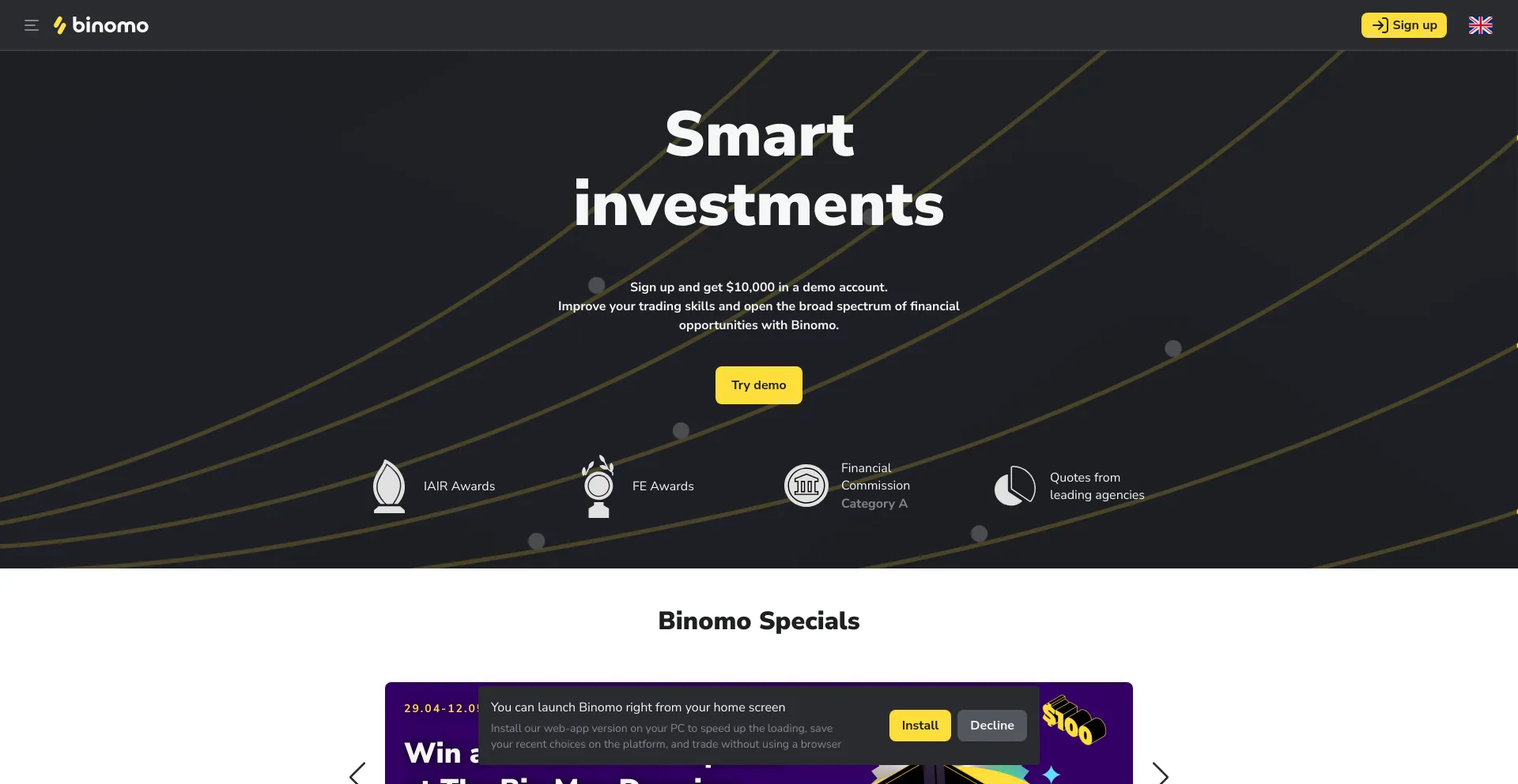 Screenshot of binomo.com homepage