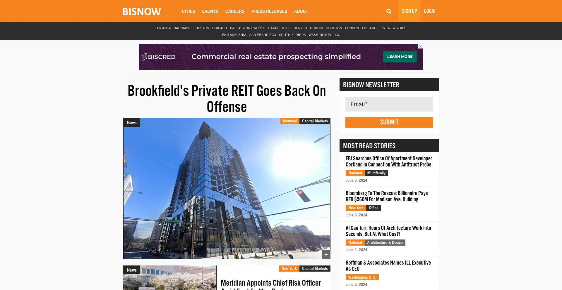 Screenshot of bisnow.com homepage