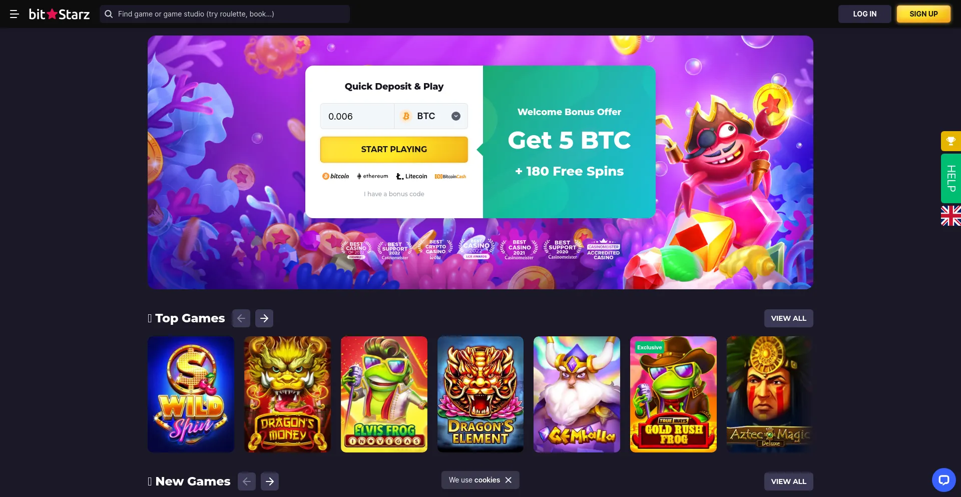 Screenshot of bitstarz.com homepage