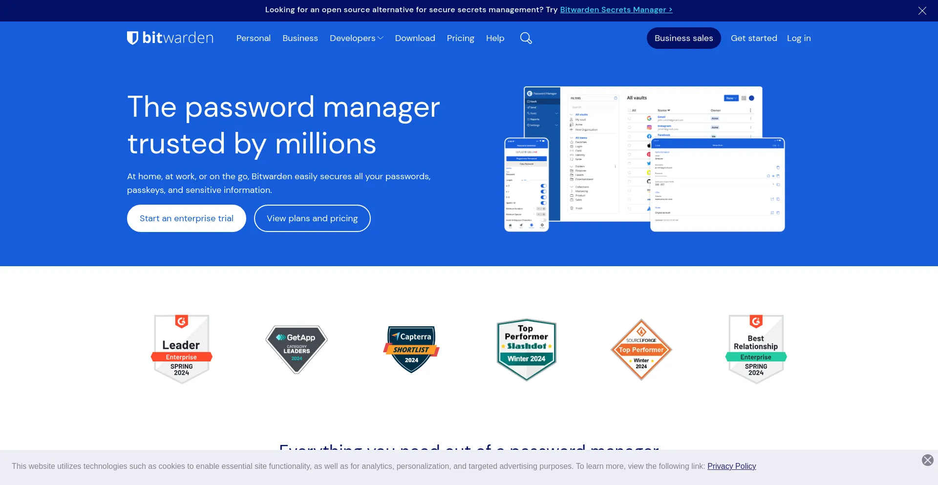 Screenshot of bitwarden.com homepage