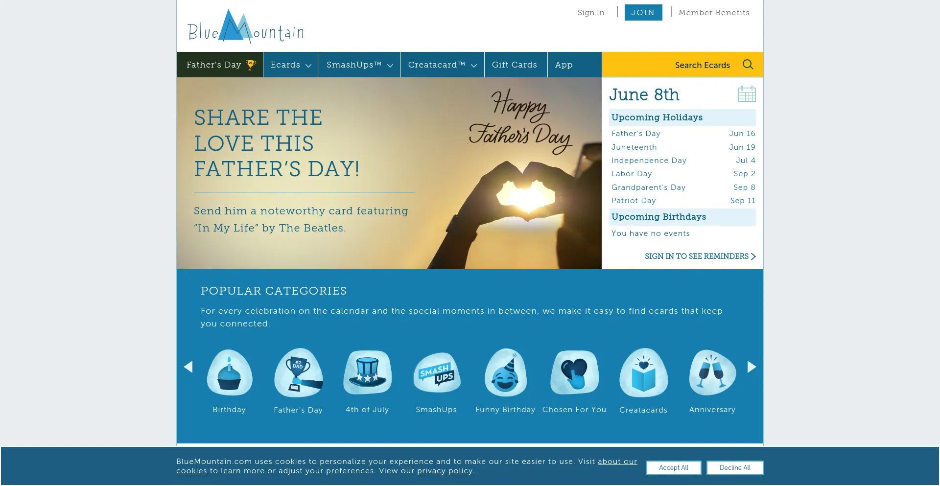 Screenshot of bluemountain.com homepage