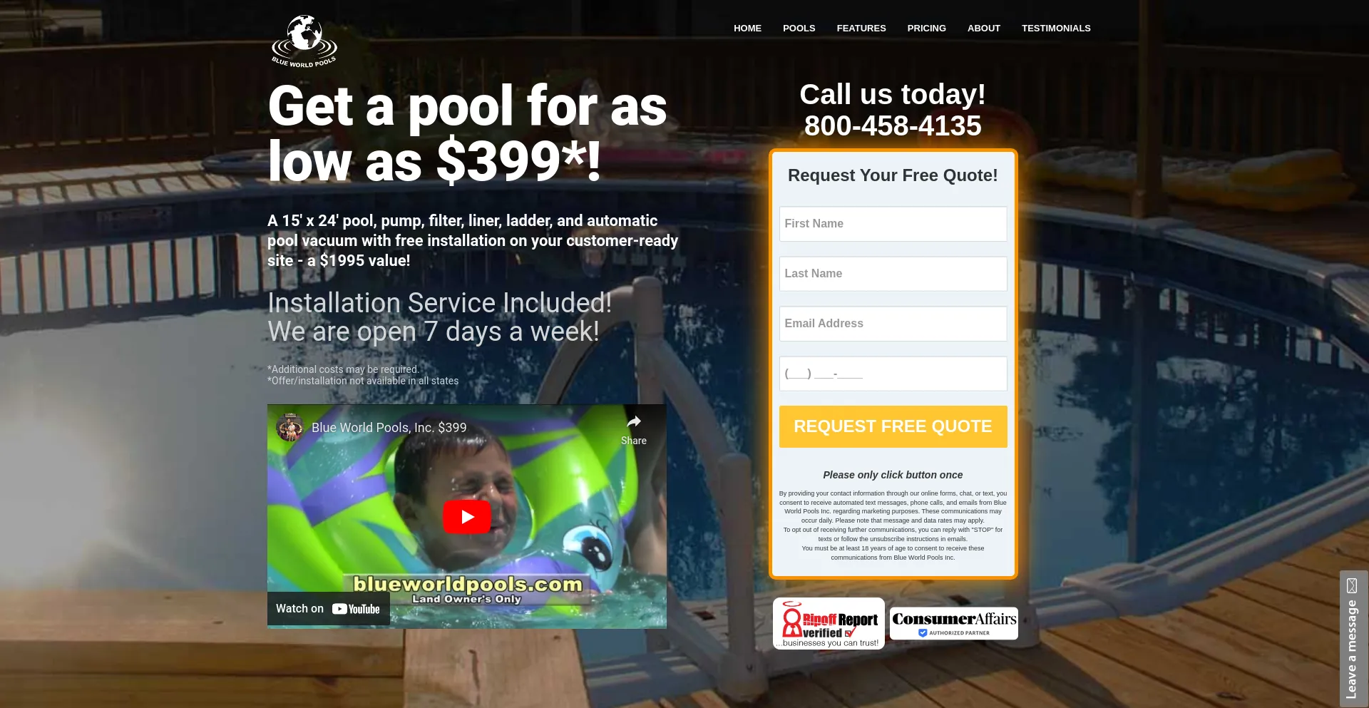 Screenshot of blueworldpools.com homepage