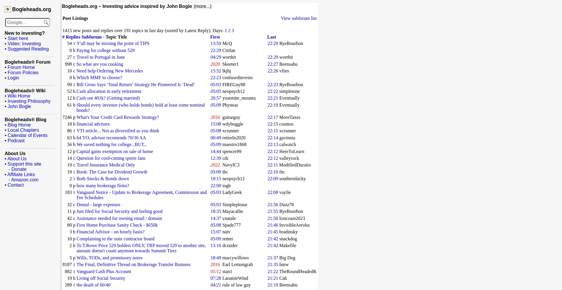 Screenshot of bogleheads.org homepage