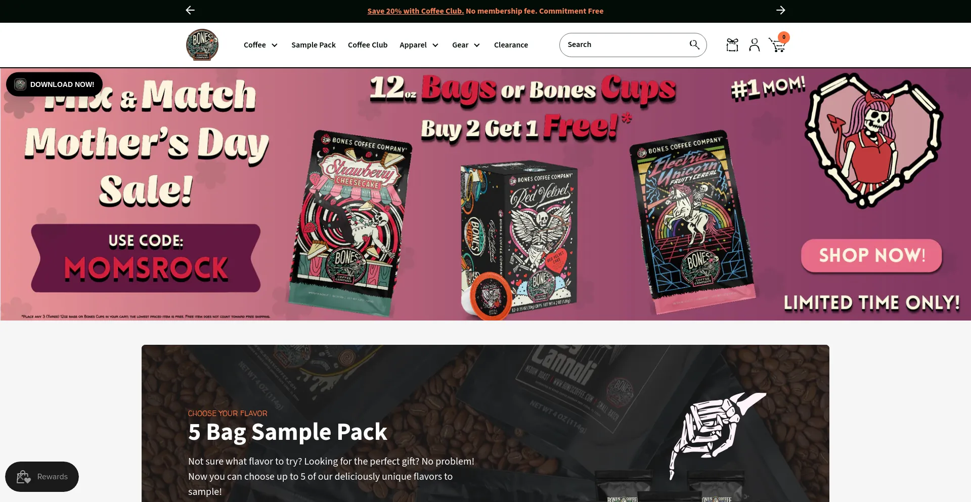 Screenshot of bonescoffee.com homepage