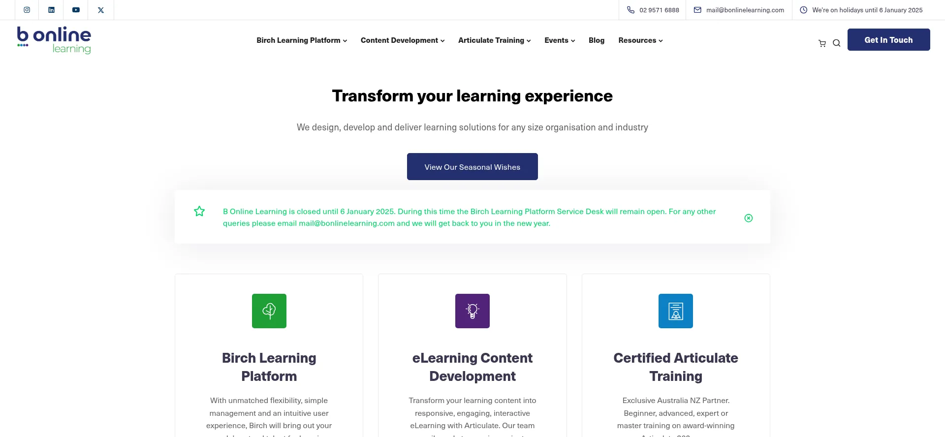 Screenshot of bonlinelearning.com.au homepage