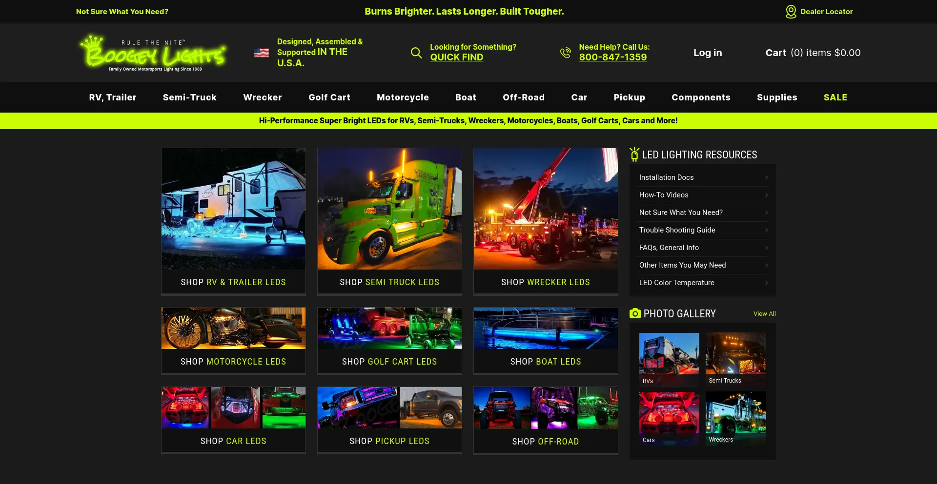 Screenshot of boogeylights.com homepage