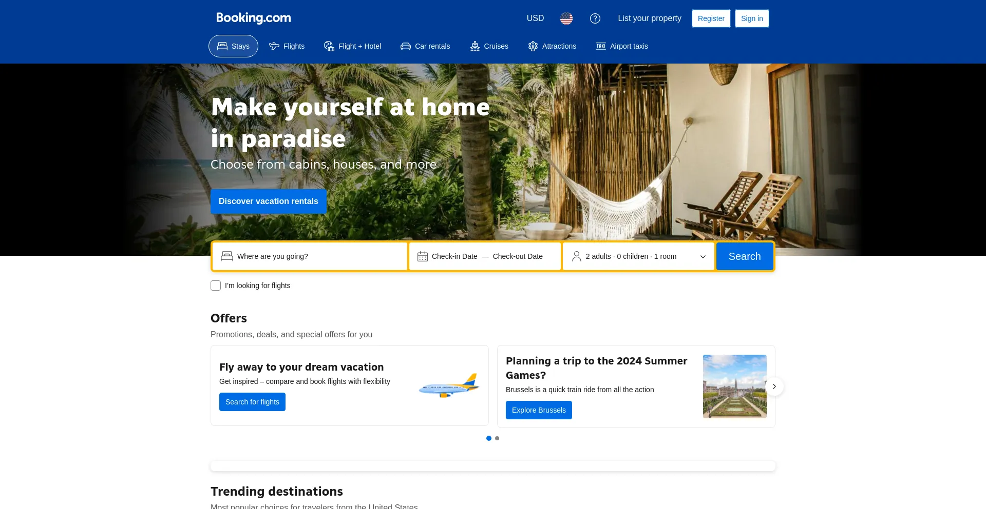 Screenshot of booking.com homepage