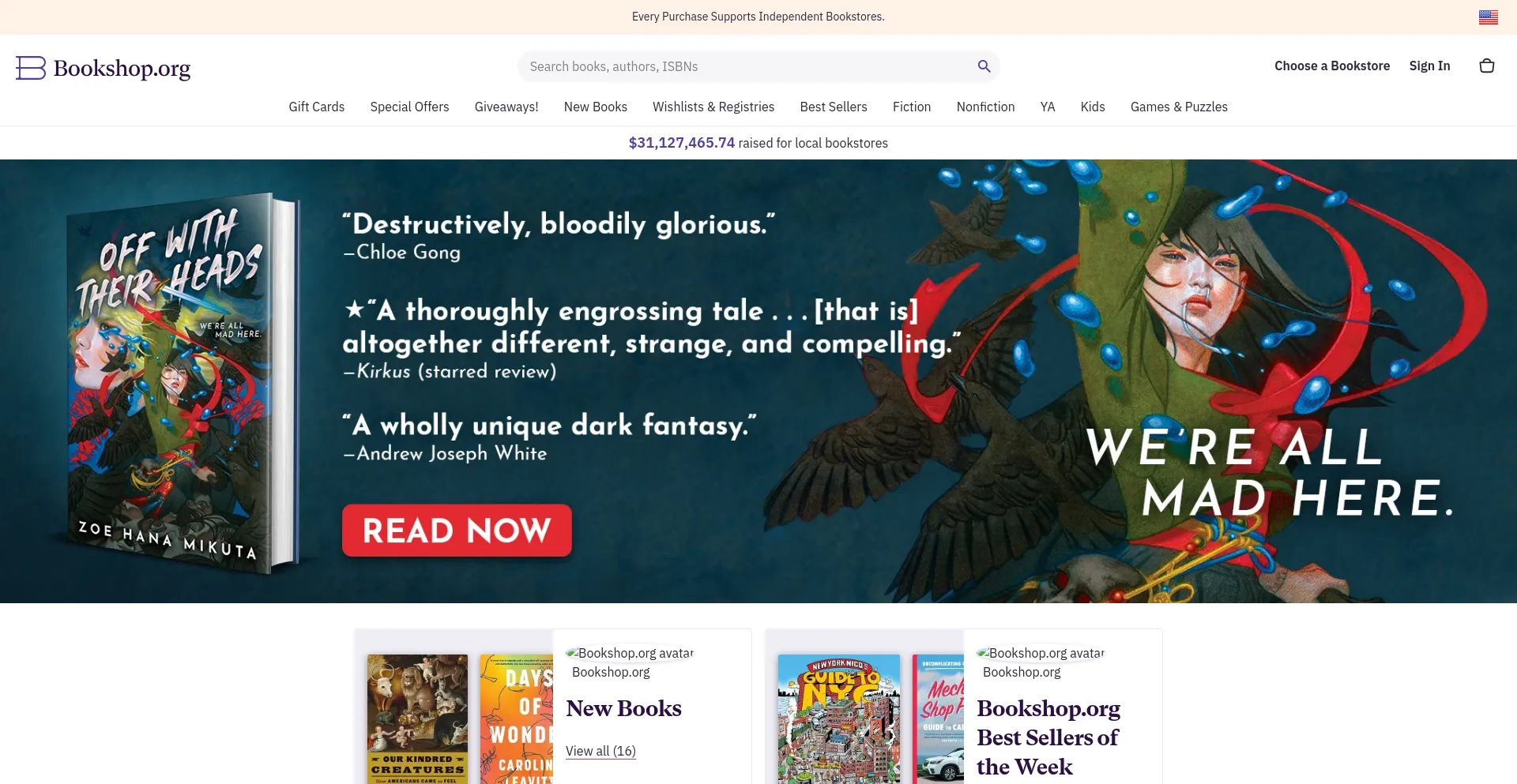 Screenshot of bookshop.org homepage