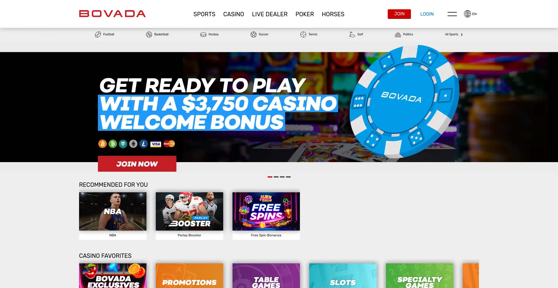 Screenshot of bovada.lv homepage