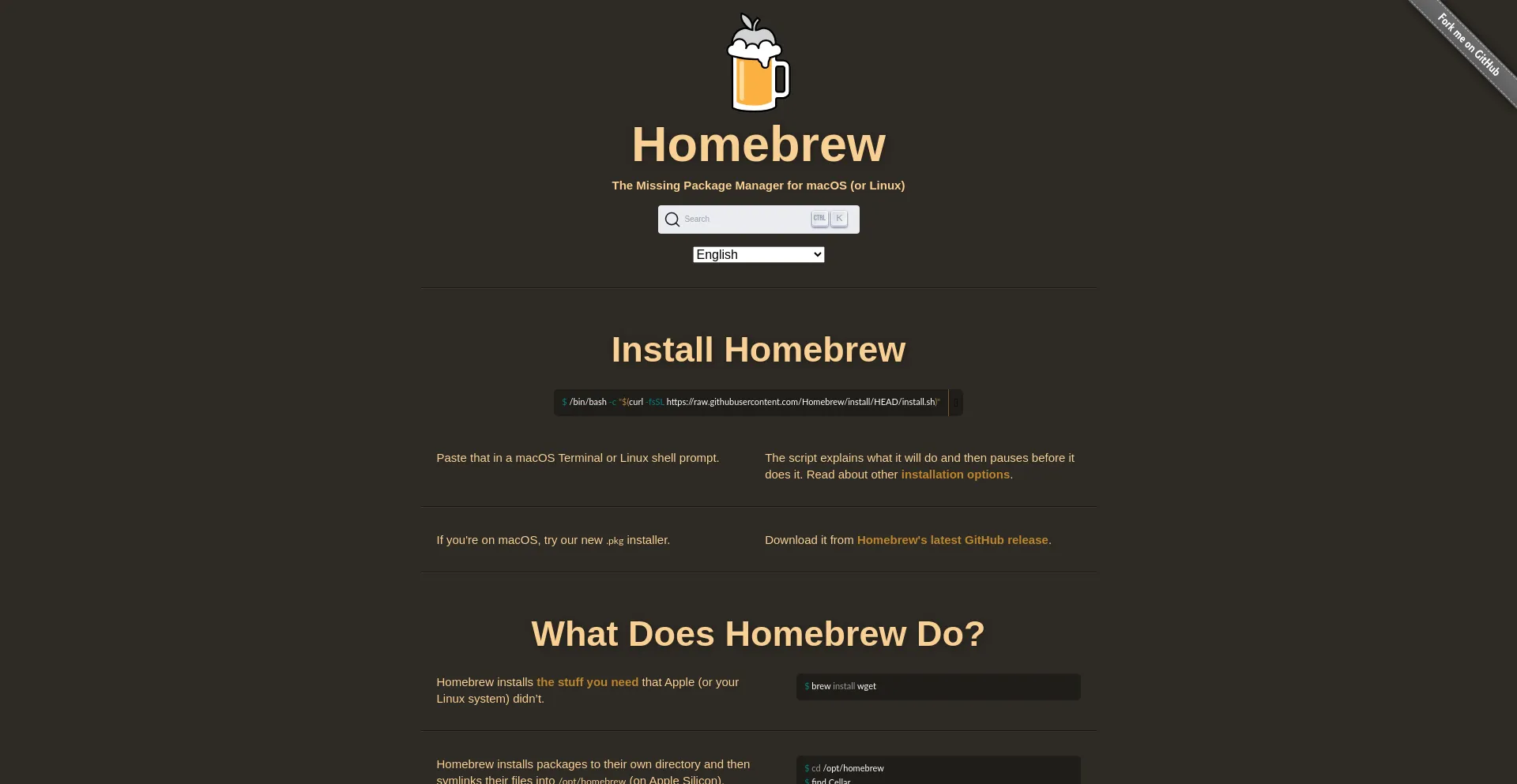 Screenshot of brew.sh homepage