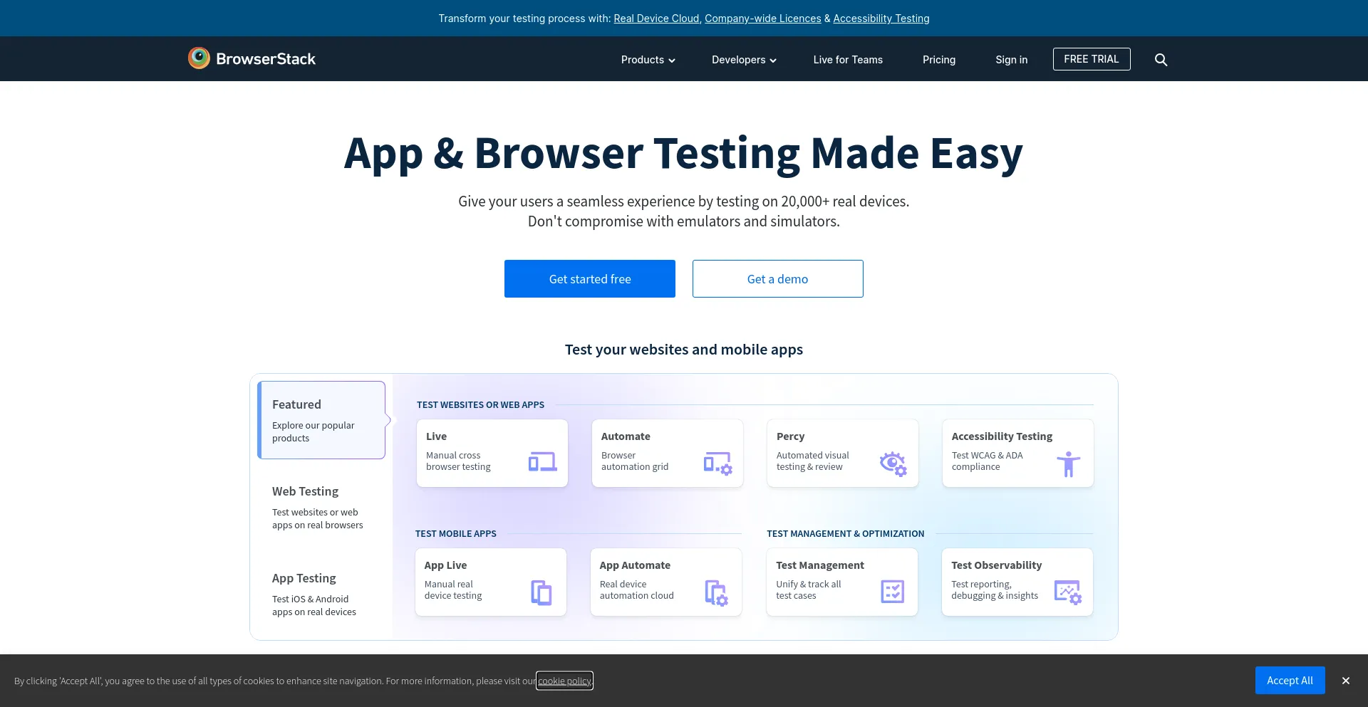 Screenshot of browserstack.com homepage