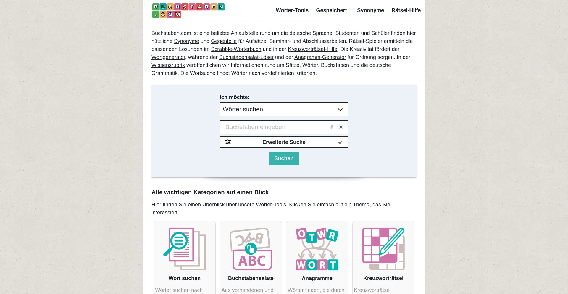 Screenshot of buchstaben.com homepage