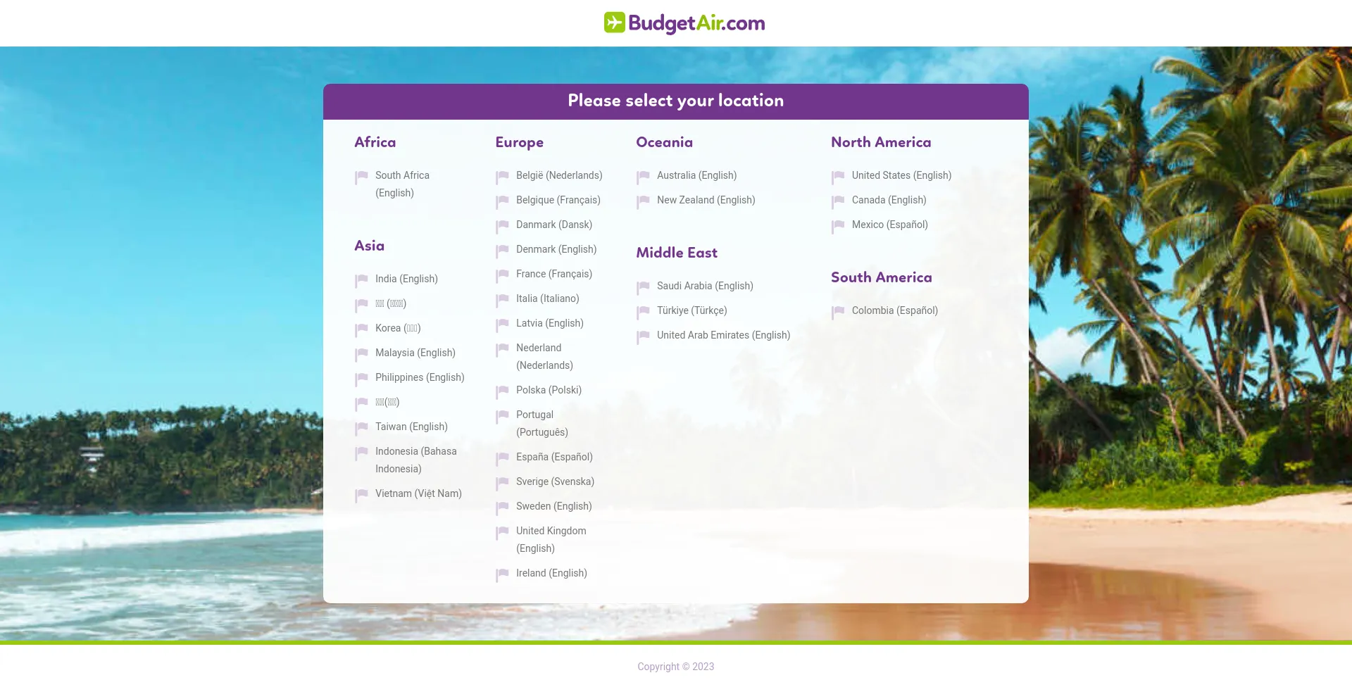 Screenshot of budgetair.com homepage