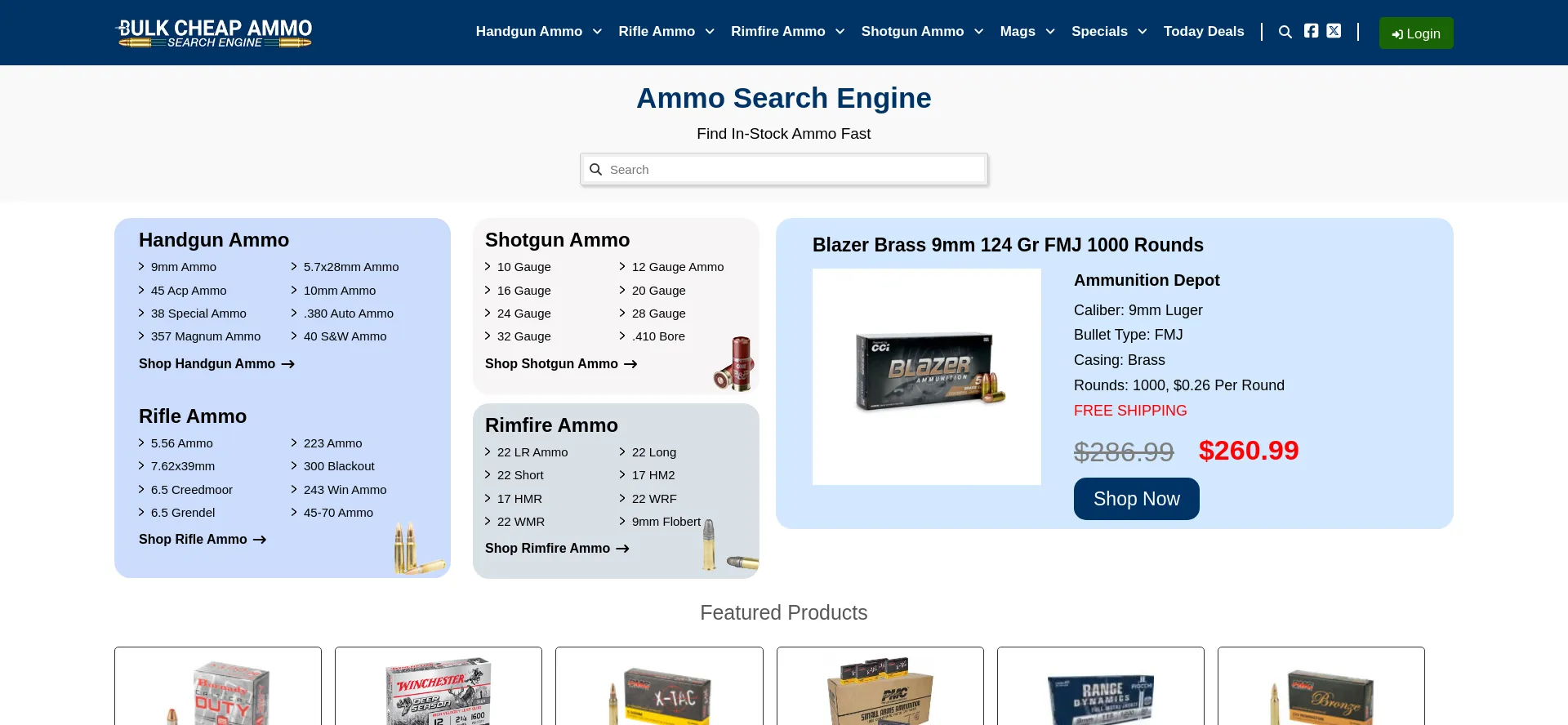 Screenshot of bulkcheapammo.com homepage