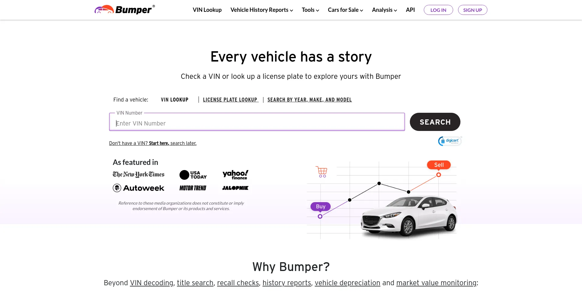 Screenshot of bumper.com homepage