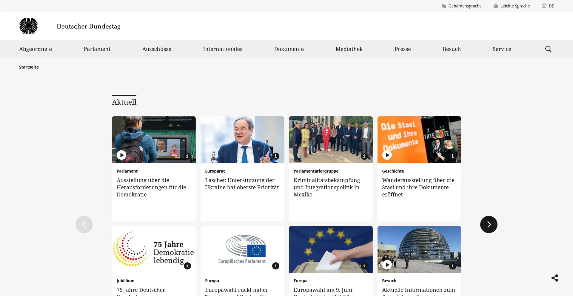 Screenshot of bundestag.de homepage