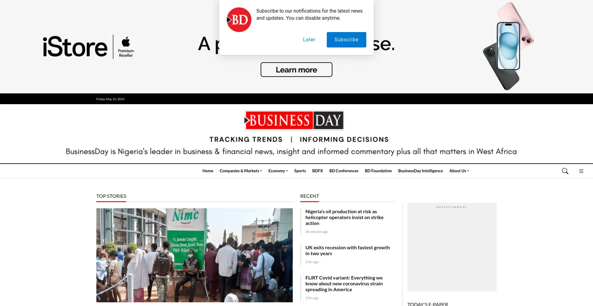 Screenshot of businessday.ng homepage