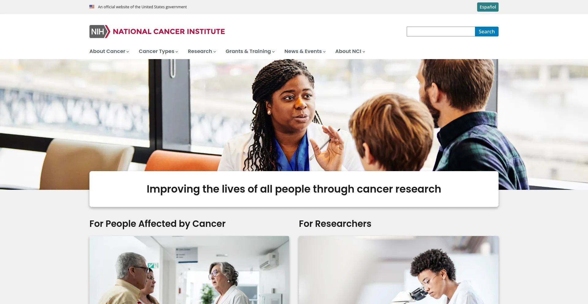 Screenshot of cancer.gov homepage