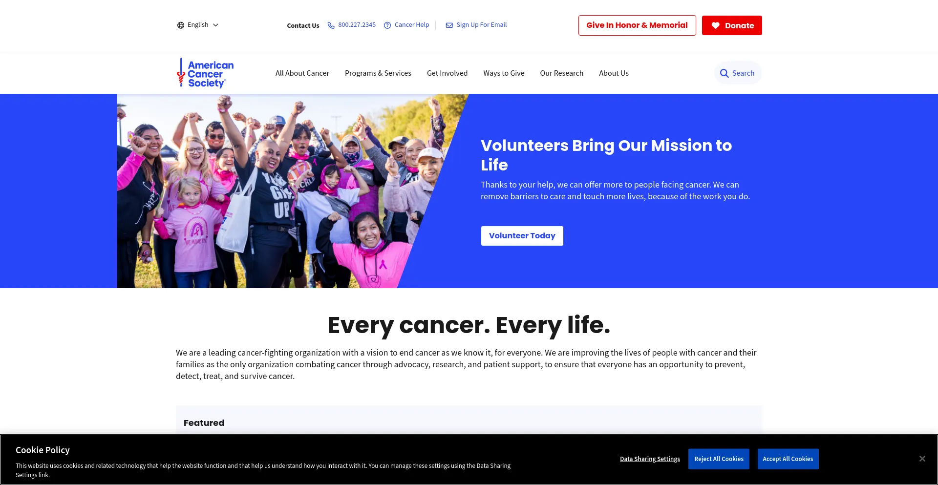 Screenshot of cancer.org homepage