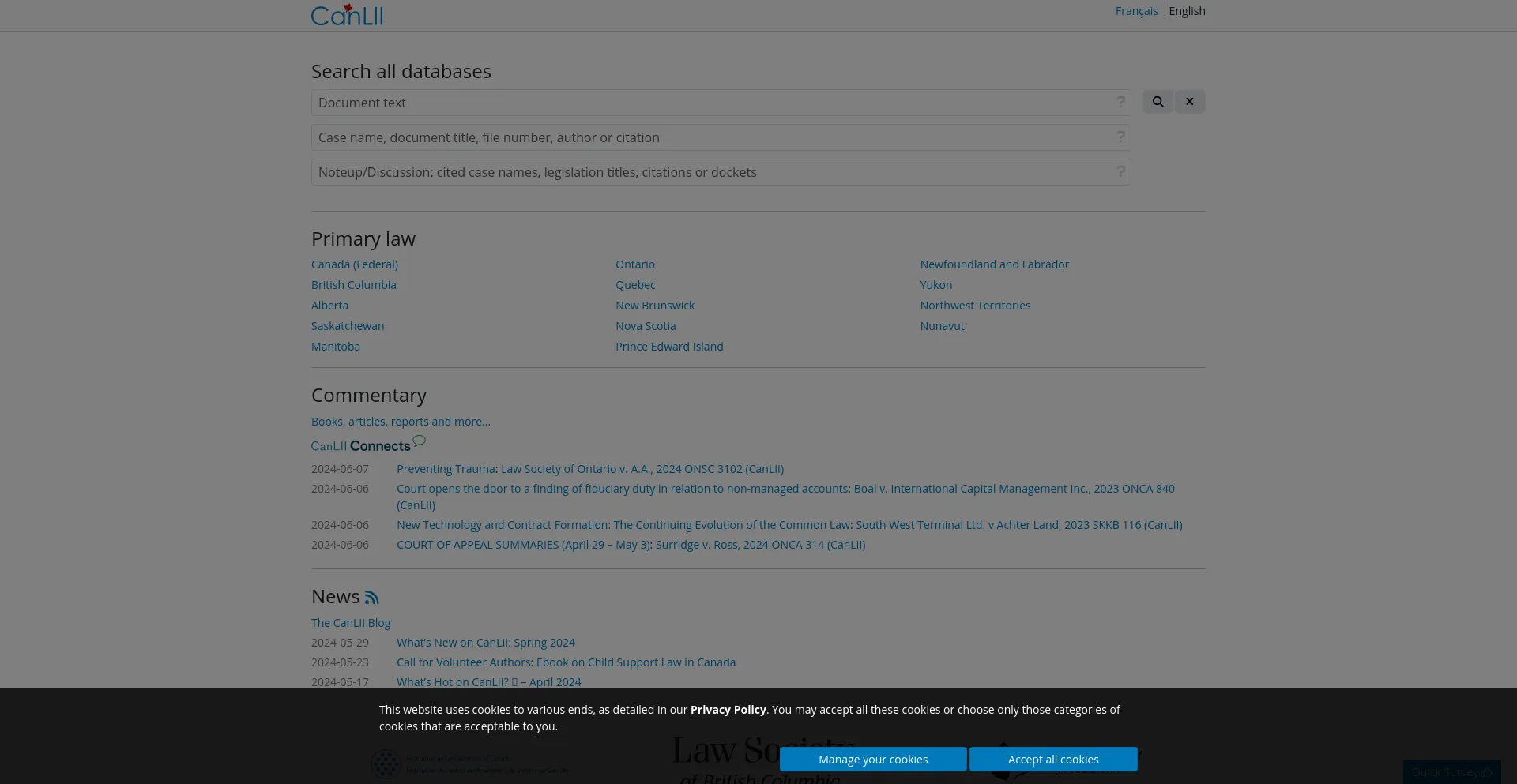 Screenshot of canlii.org homepage