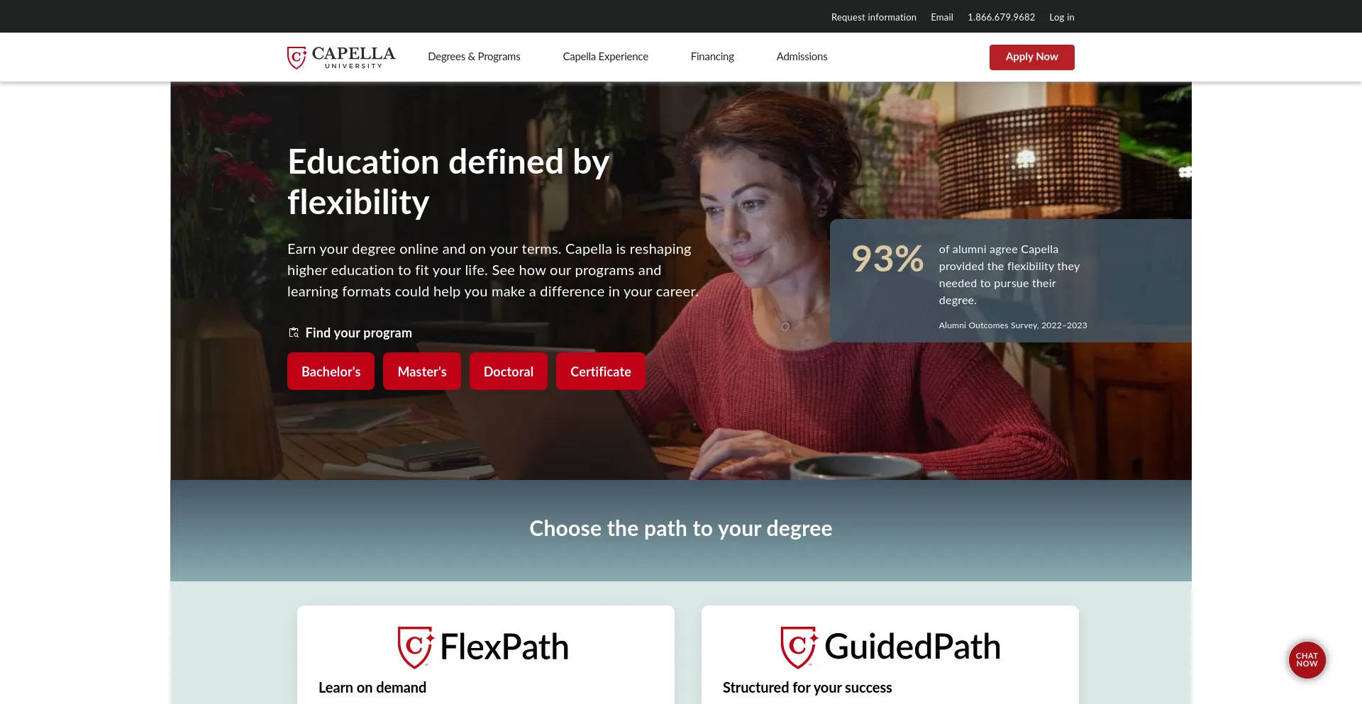 Screenshot of capella.edu homepage