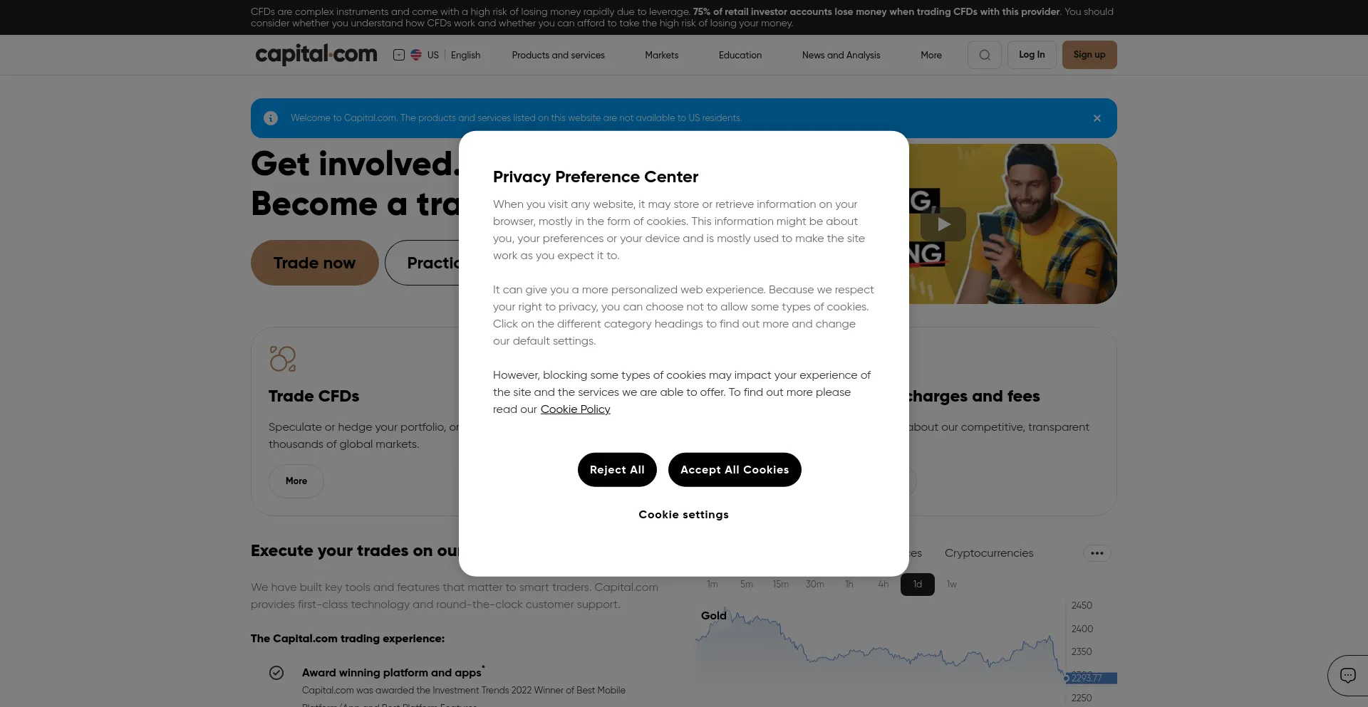 Screenshot of capital.com homepage