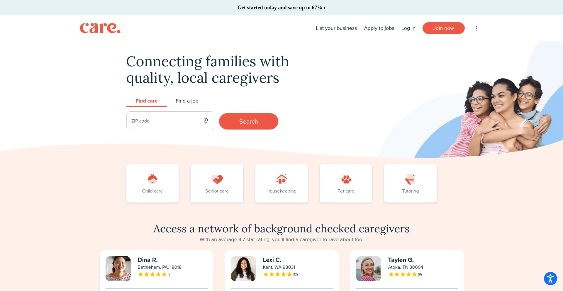 Screenshot of care.com homepage