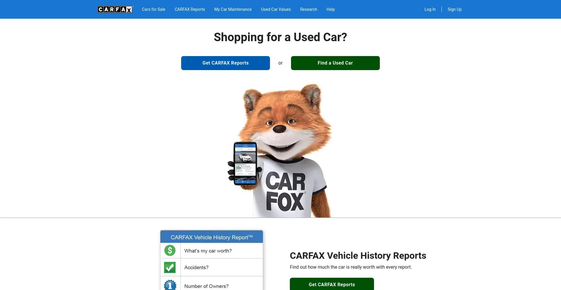 Screenshot of carfax.com homepage