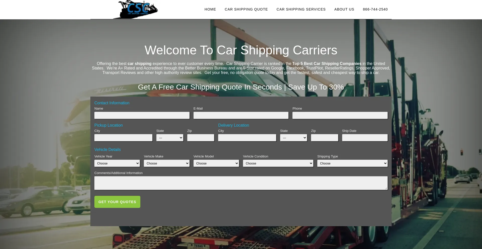 Screenshot of carshippingcarriers.com homepage