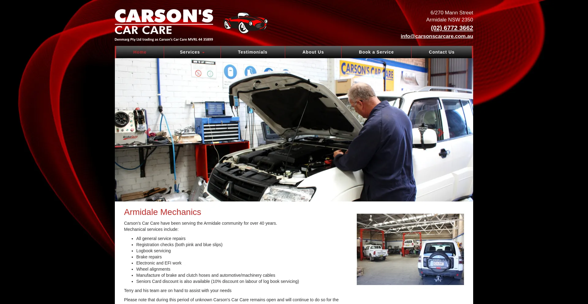 Screenshot of carsonscarcare.com.au homepage