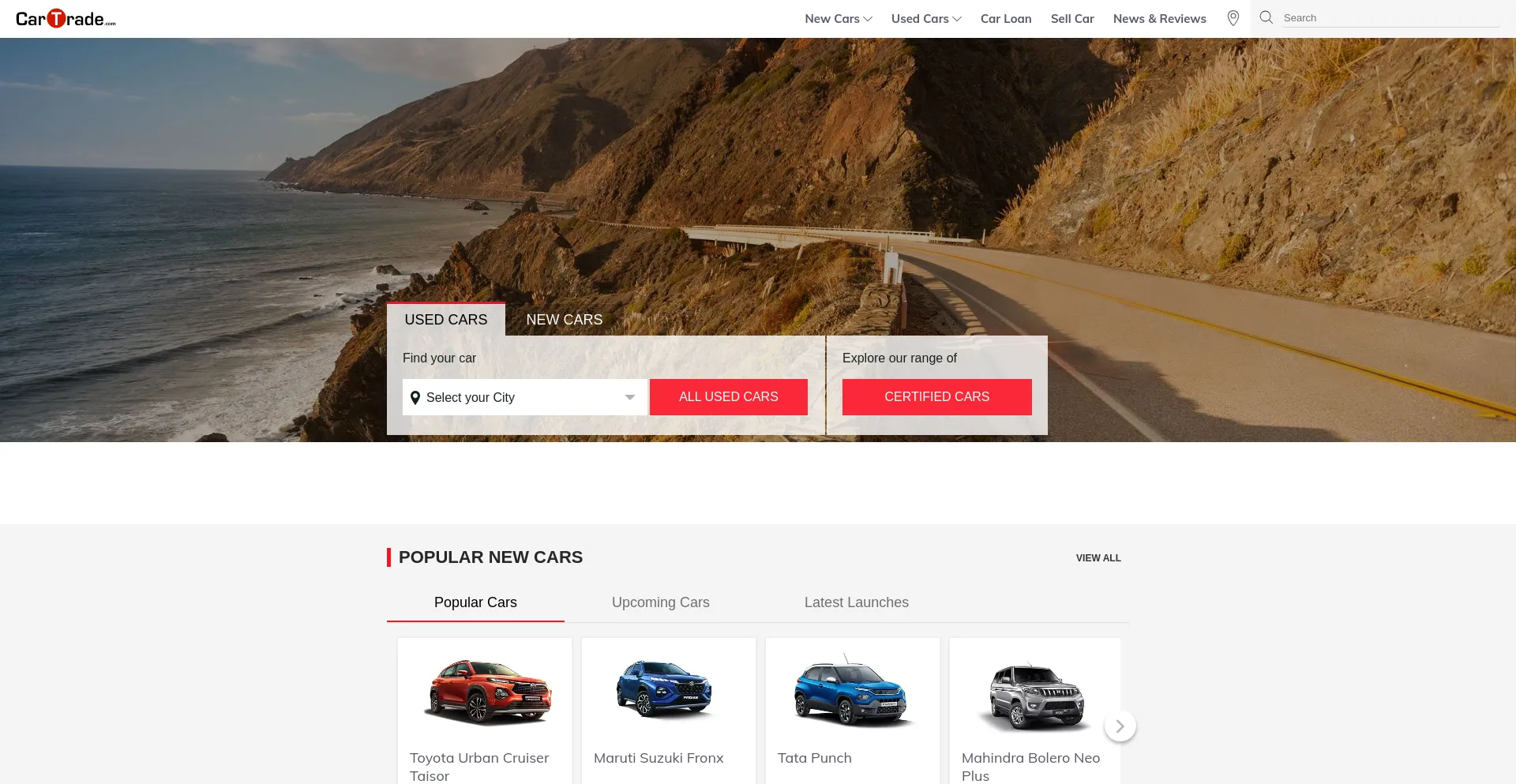 Screenshot of cartrade.com homepage