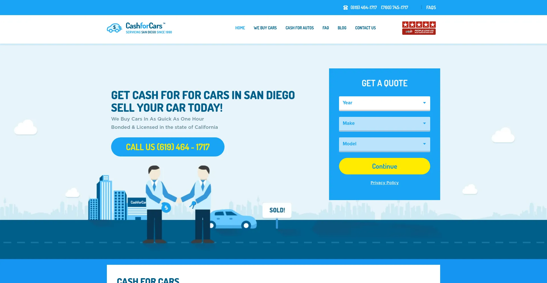 Screenshot of cashforcarssandiego.com homepage