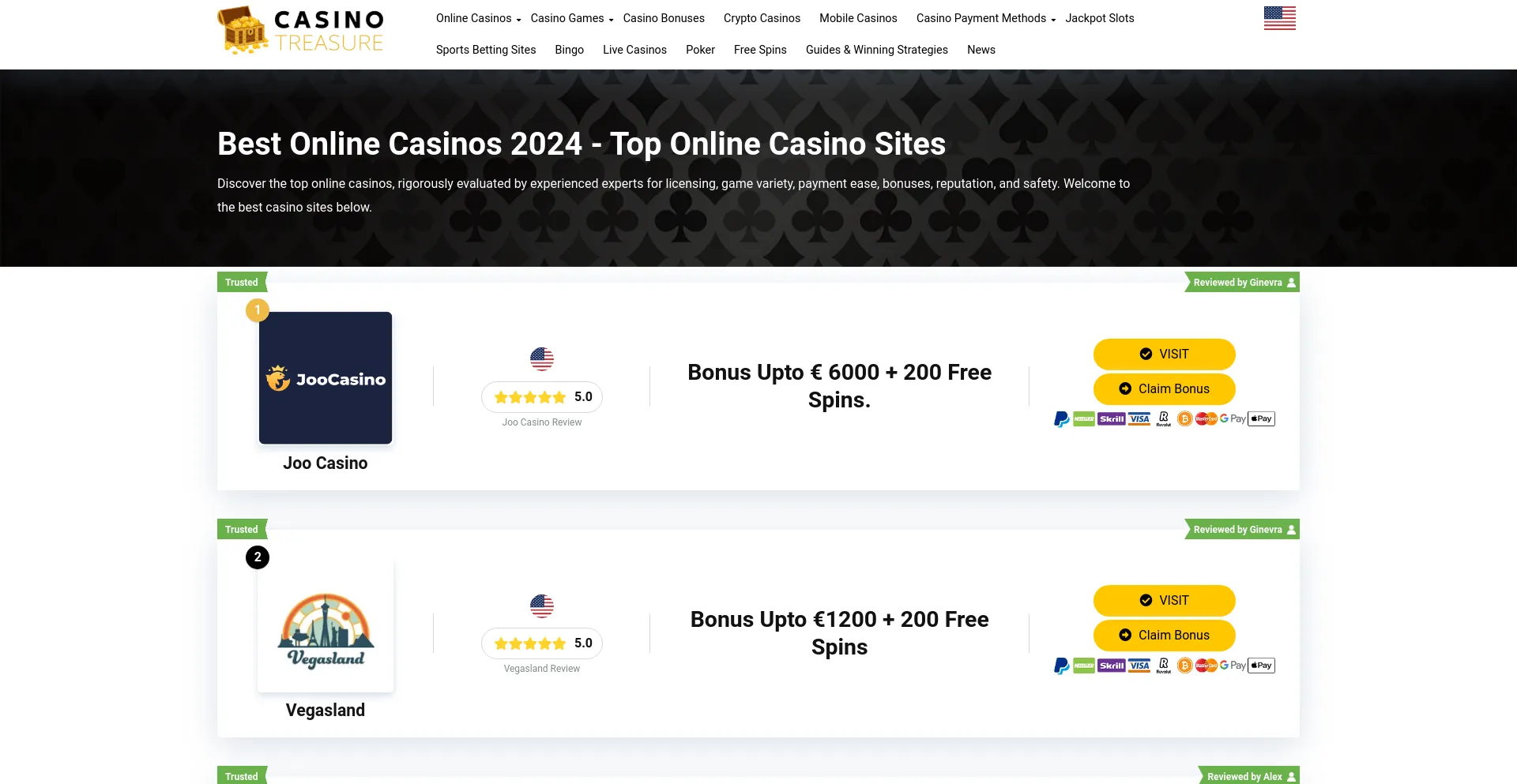 Screenshot of casinotreasure.com homepage