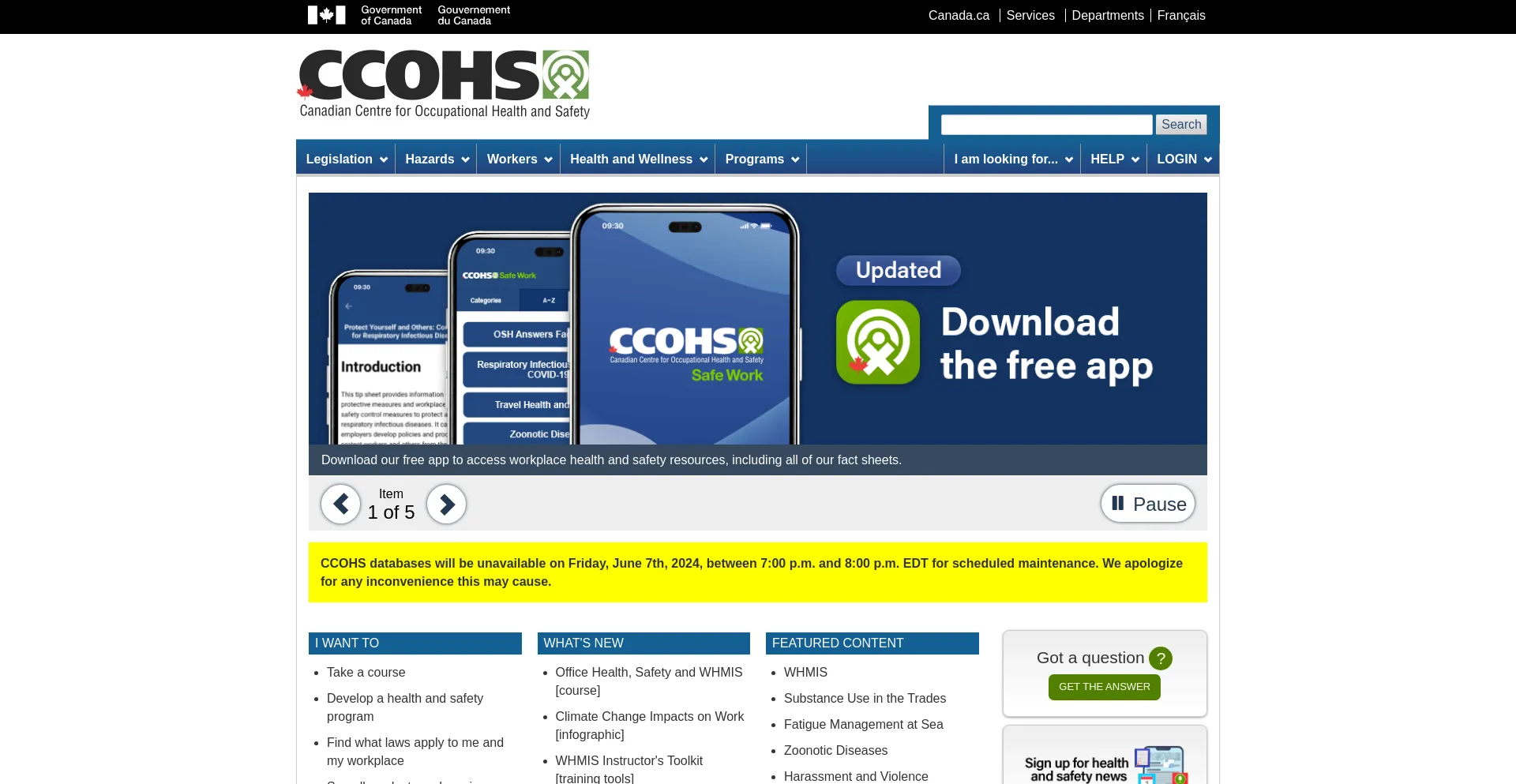 Screenshot of ccohs.ca homepage