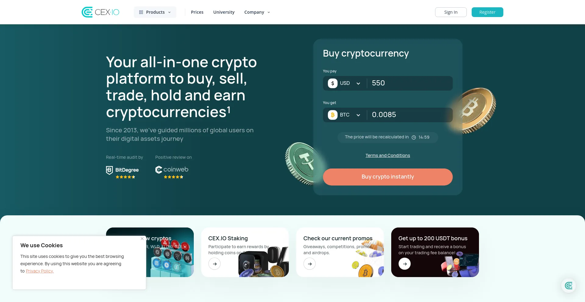 Screenshot of cex.io homepage