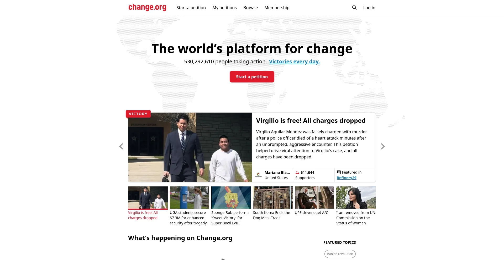 Screenshot of change.org homepage