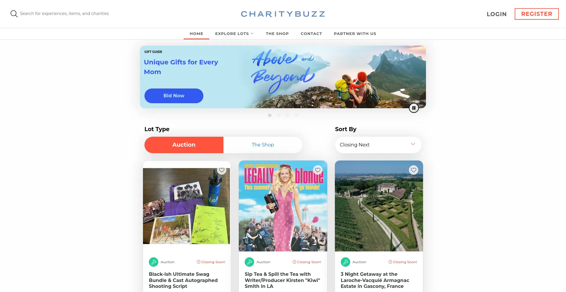 Screenshot of charitybuzz.com homepage