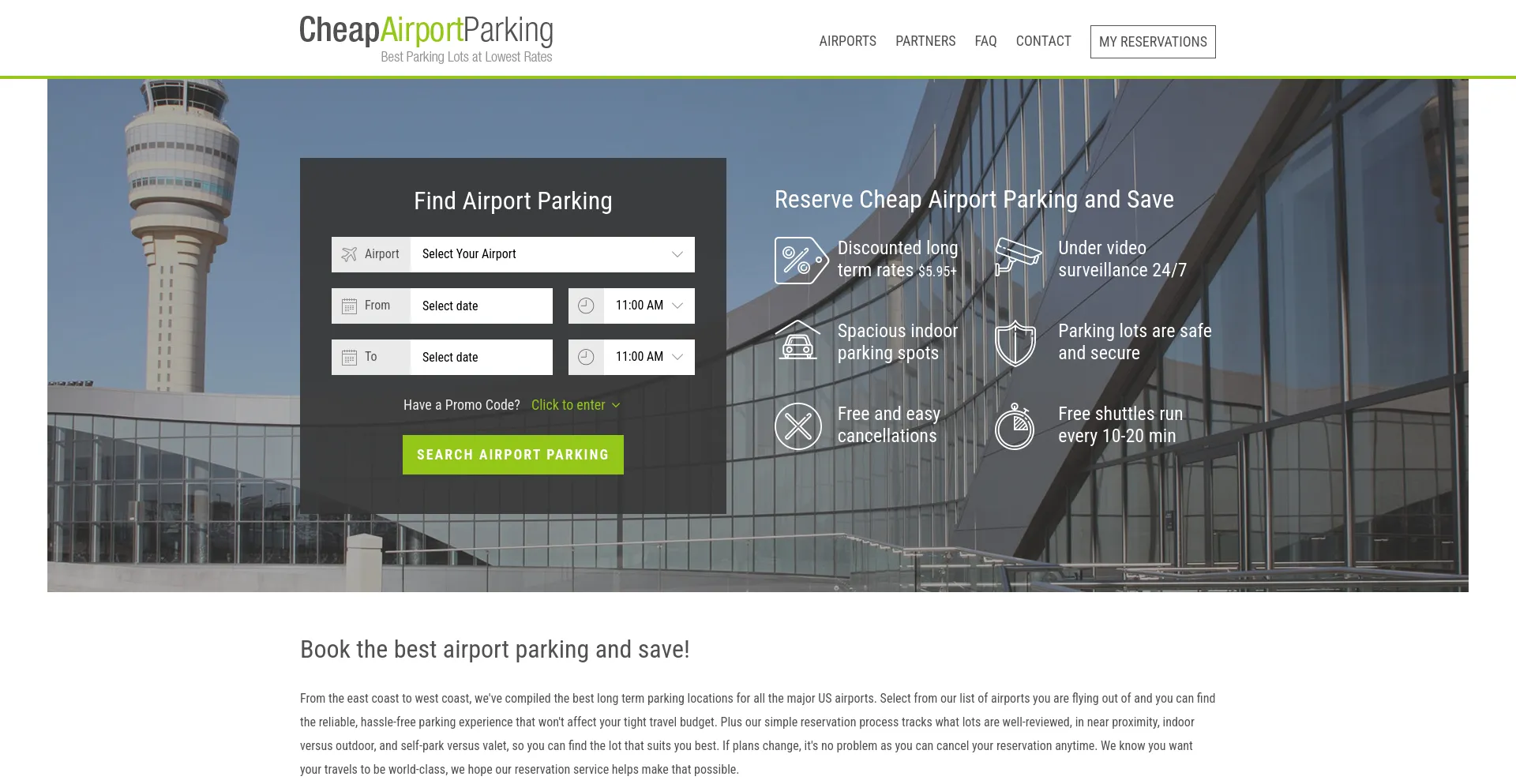 Screenshot of cheapairportparking.org homepage