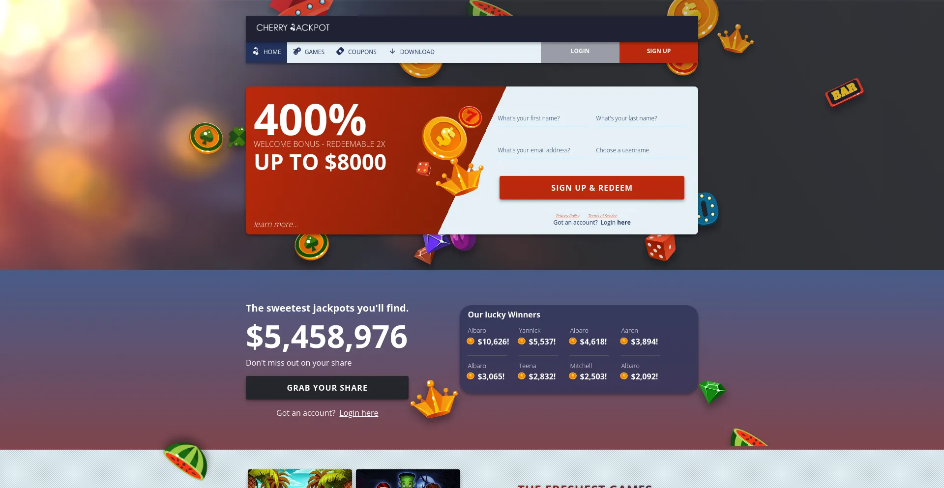 Screenshot of cherryjackpot.com homepage