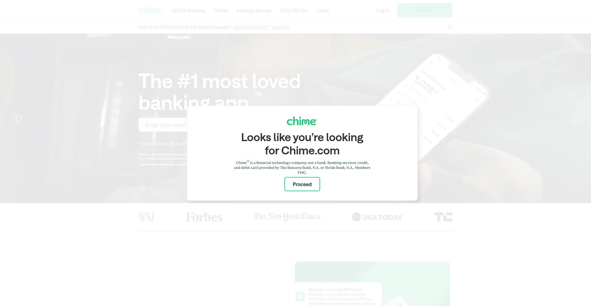 Screenshot of chimebank.com homepage