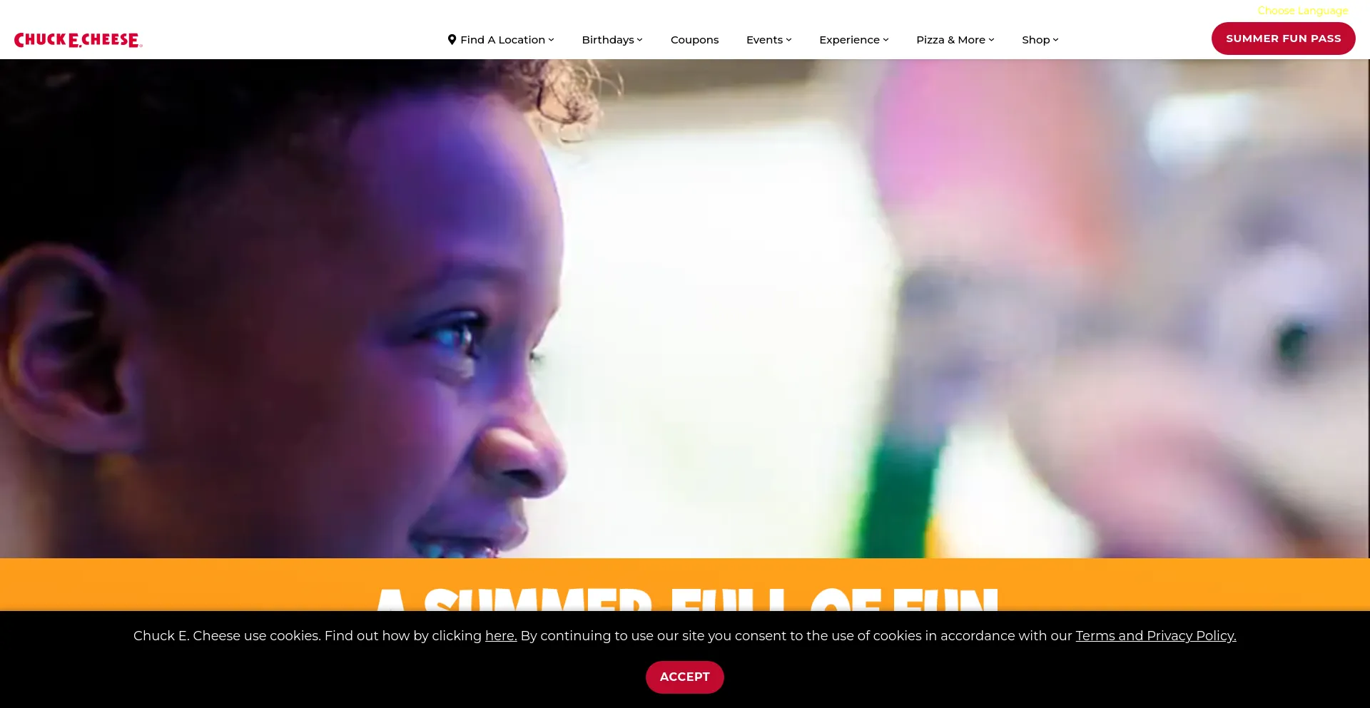 Screenshot of chuckecheese.com homepage