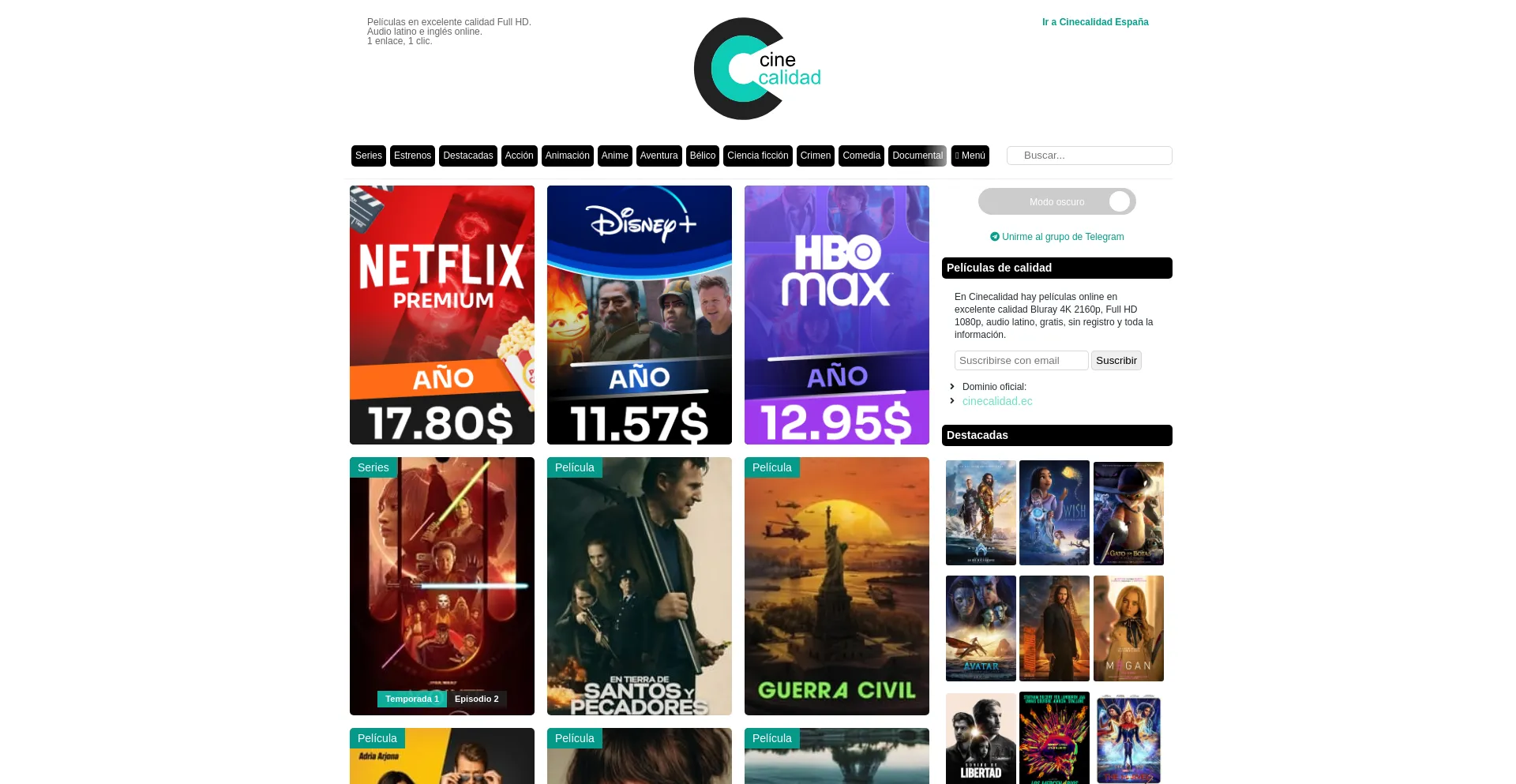 Screenshot of cinecalidad.gg homepage