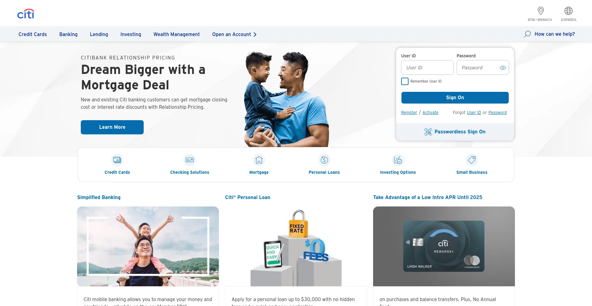 Screenshot of citi.com homepage